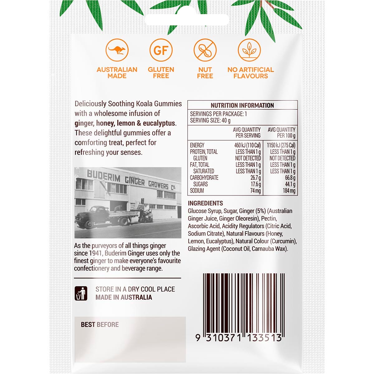 Back of a 40g Buderim Ginger Soothing Gummies pack with nutrition facts, ingredients, and koala illustration.