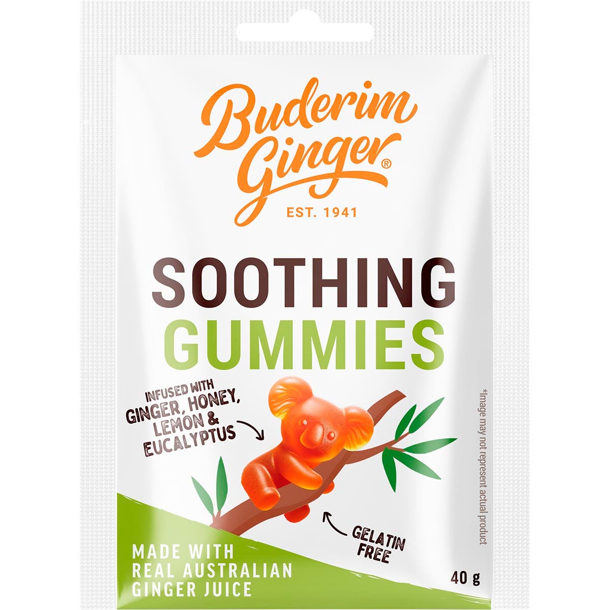 40g pack of Buderim Ginger Soothing Gummies with koala illustrations and real ginger juice on a white background.