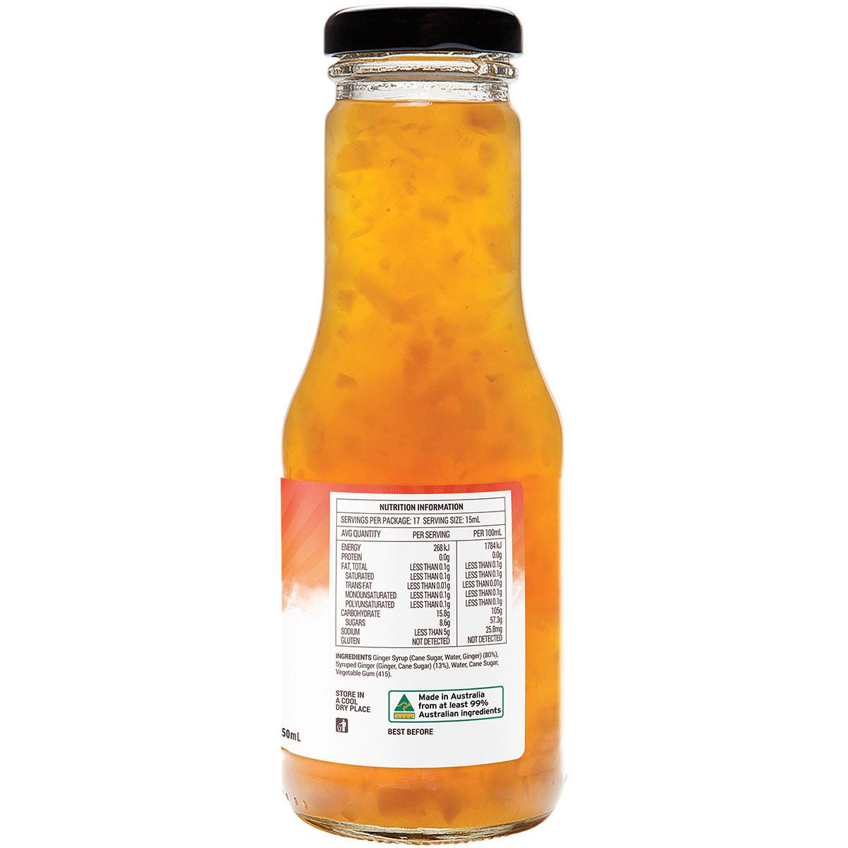 250ml bottle of Buderim Ginger Sweet Ginger Sauce with a yellow and green label on a white background.