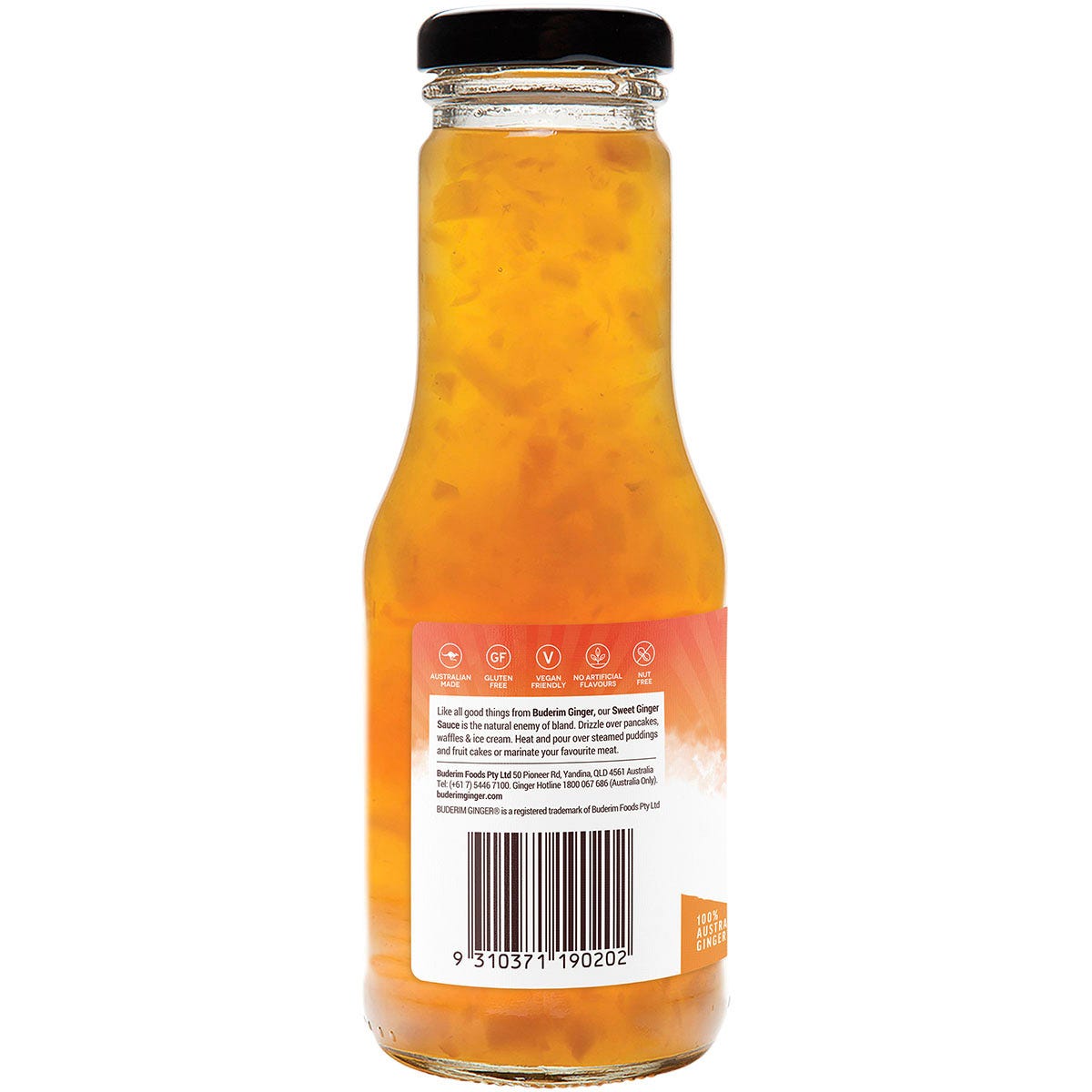 250ml glass bottle of Buderim Ginger Sweet Ginger Sauce with a yellow and green label on a white background.