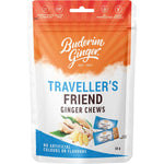 50g bag of Buderim Ginger Traveller's Friend Ginger Chews, featuring a green and orange label on a white background.