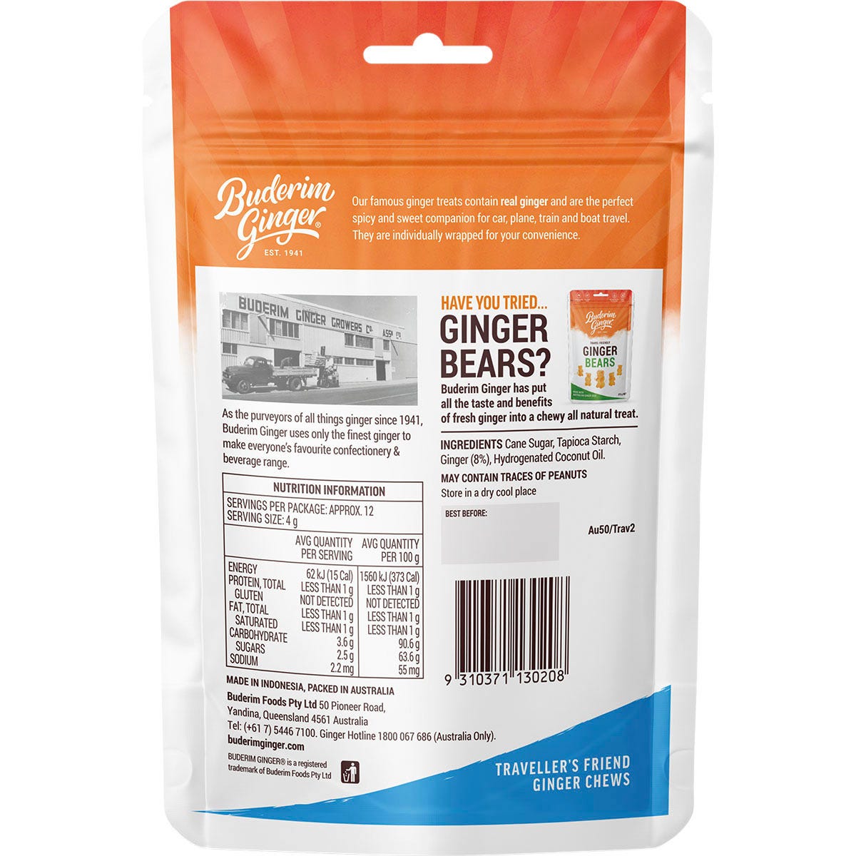 Buderim Ginger Traveller's Friend Ginger Chews 50g bag featuring a green and orange label on a white background.
