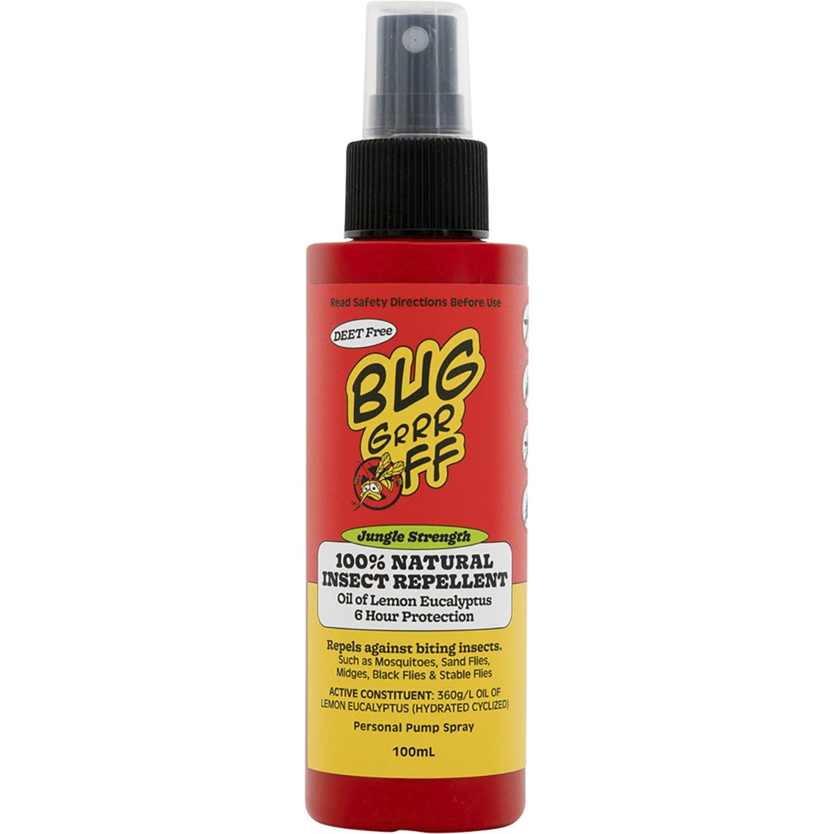 100ml spray bottle of Bug-Grrr Off Natural Insect Repellent Jungle Strength with a green and white label.