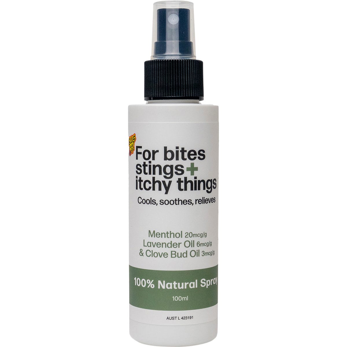 100ml spray bottle of Bug-Grrr Off 100% natural relief for bites and stings with a green label and white cap.