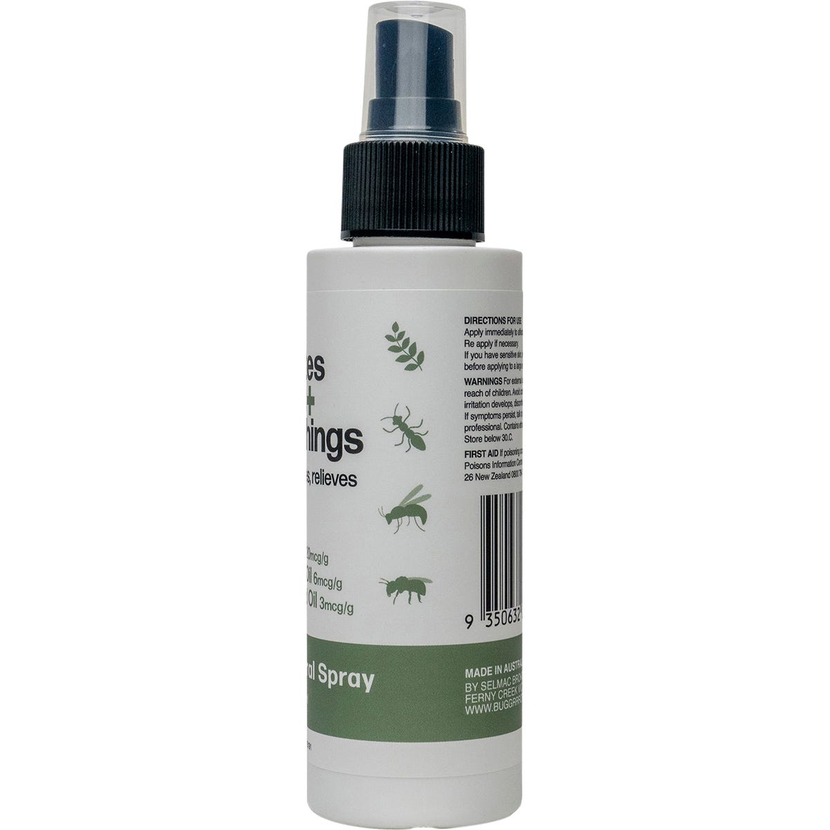 Back of Bug-Grrr Off 100ml natural spray bottle showing directions for use and ingredients on a green and white label.
