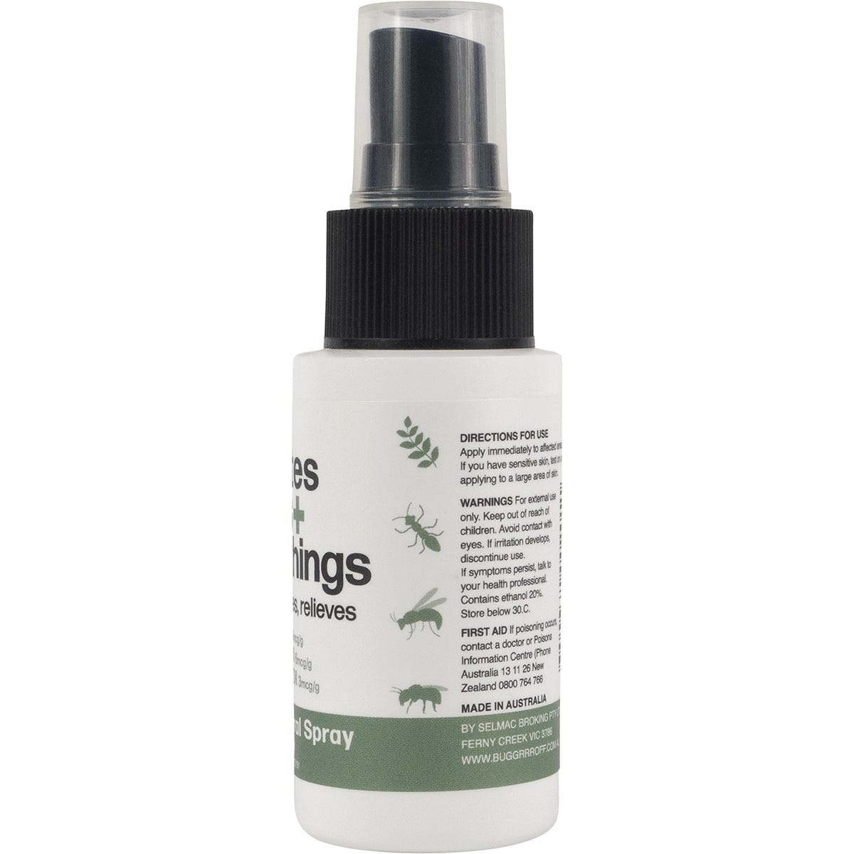 50ml bottle of Bug-Grrr Off 100% Natural Spray for bites and stings with a green and white label.