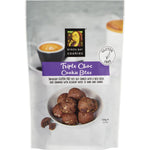 Six 100g pouches of Byron Bay Gluten Free Triple Choc Fudge Cookie Bites featuring white and dark chocolate chunks.