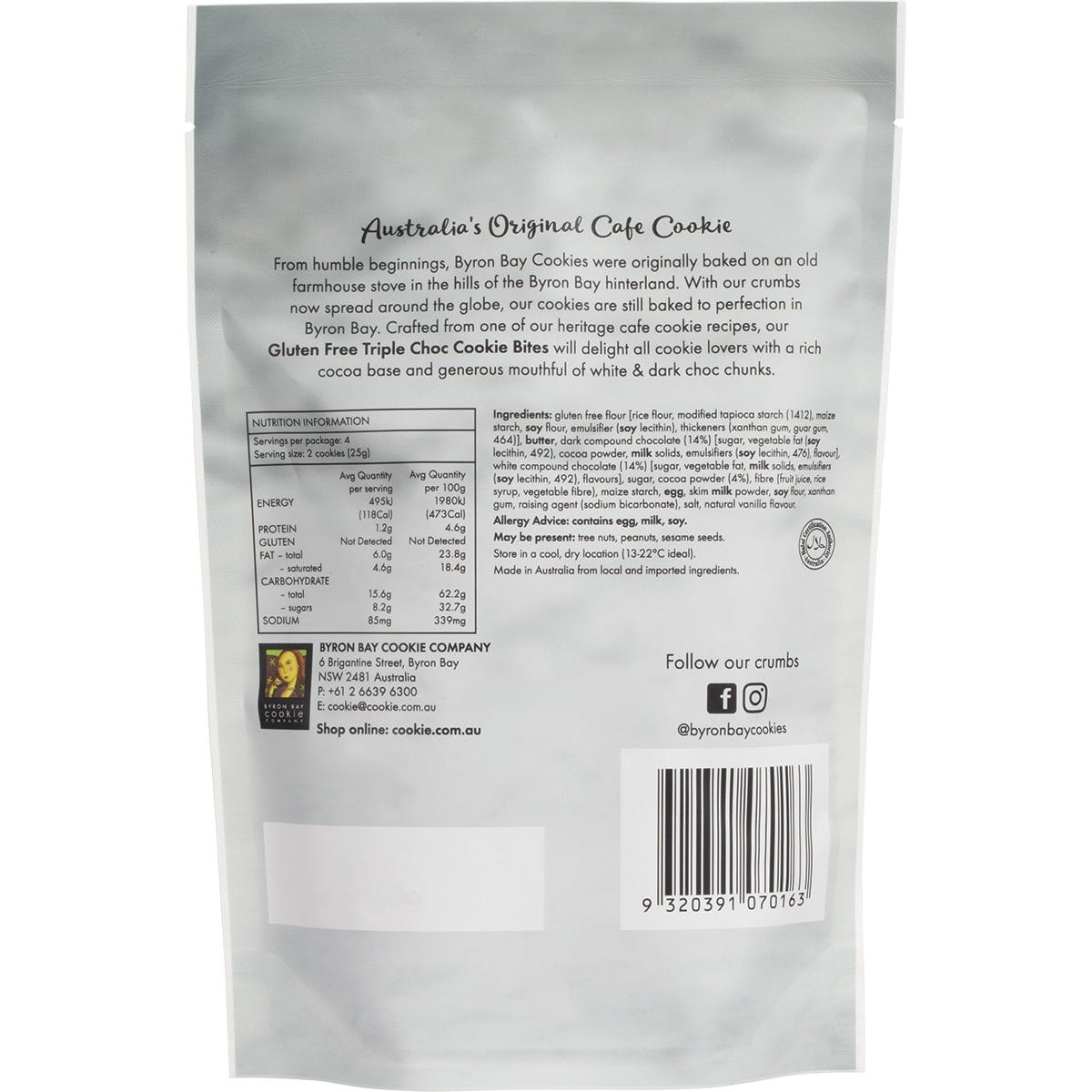 Single 100g pouch of Byron Bay Gluten Free Triple Choc Fudge Cookie Bites on a white background.