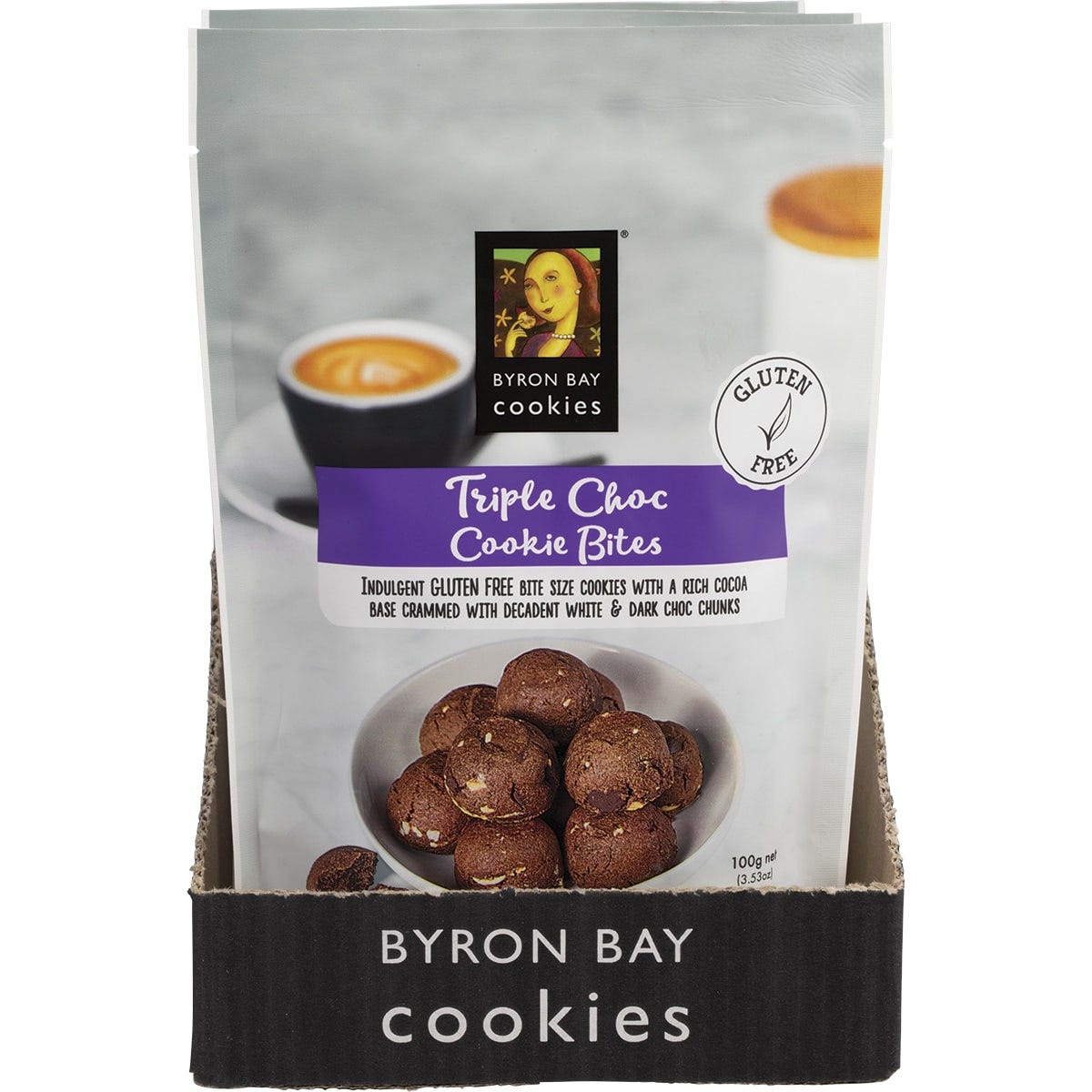 Back of a Byron Bay Gluten Free Triple Choc Fudge 100g pouch showing nutrition facts, ingredients, and allergen advice.