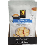 Byron Bay Cookies Gluten Free White Choc Macadamia 100g gift bag with a tropical leaf design and gold accents.
