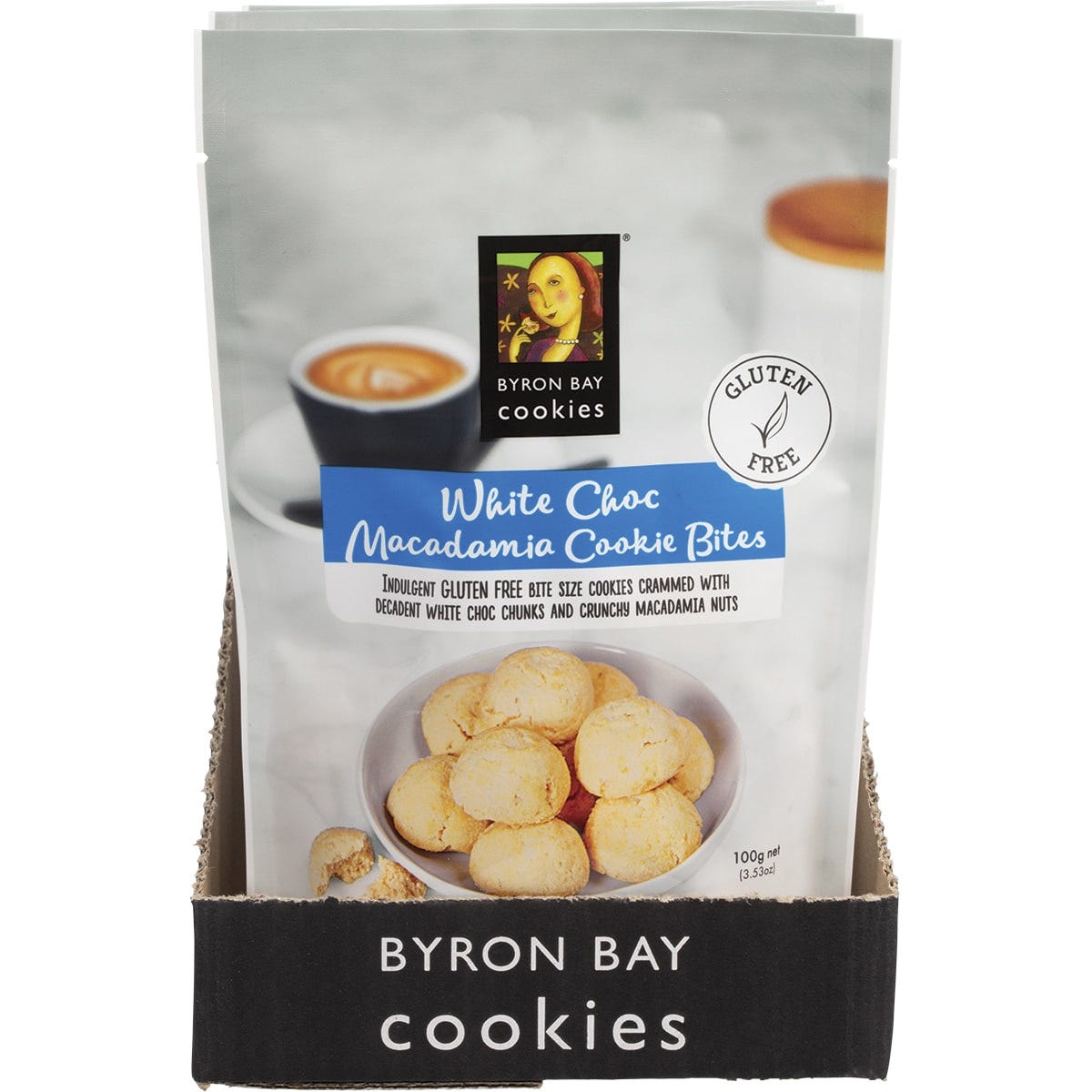 Byron Bay Cookies Gluten Free White Choc Macadamia 100g gift bag with a tropical leaf design and gold accents.