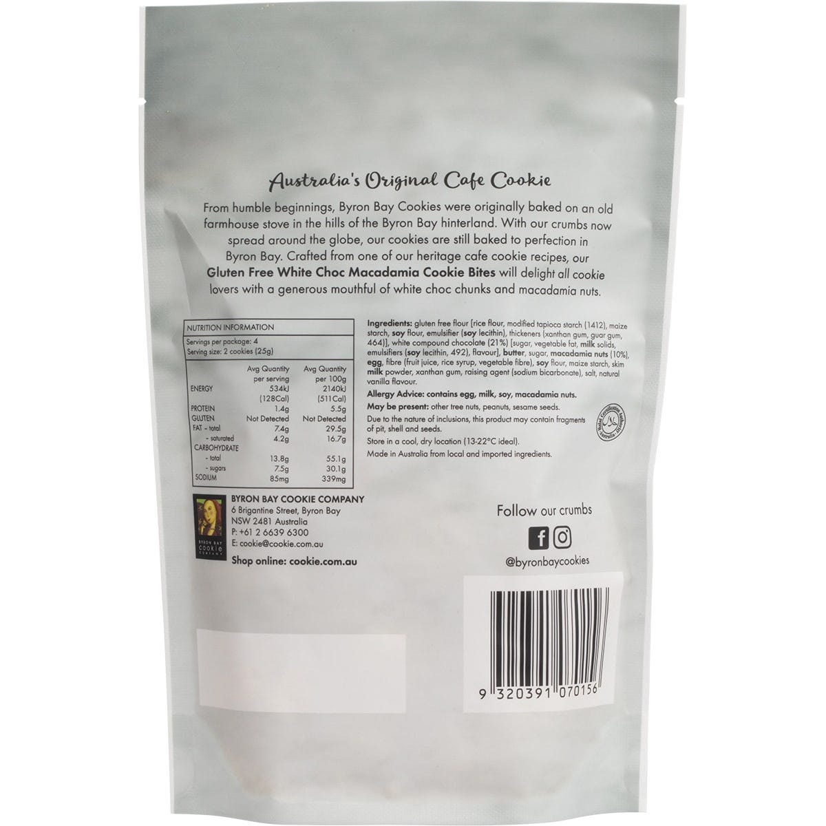 Byron Bay Cookies Gluten Free White Choc Macadamia 100g gift bag with a tropical leaf design and gold accents.