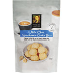 Byron Bay Cookies Gluten Free White Choc Macadamia 100g gift bag with a tropical leaf design and gold accents.