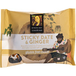 Byron Bay Gluten Free Sticky Date and Ginger 60g cookie in a white and gold wrapper on a white background.