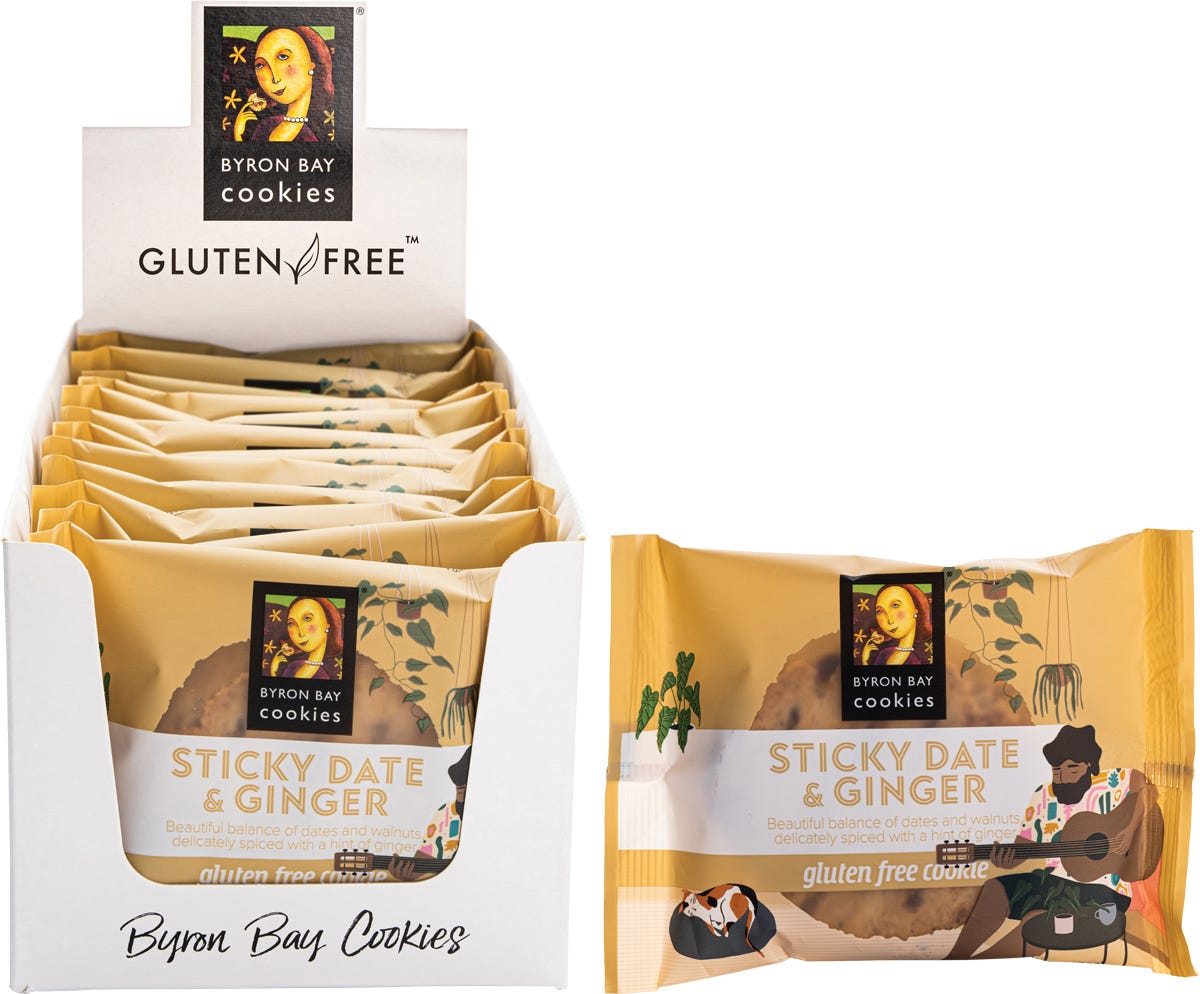 12-pack box of Byron Bay Gluten Free Sticky Date and Ginger Cookies with an individually wrapped 60g cookie.