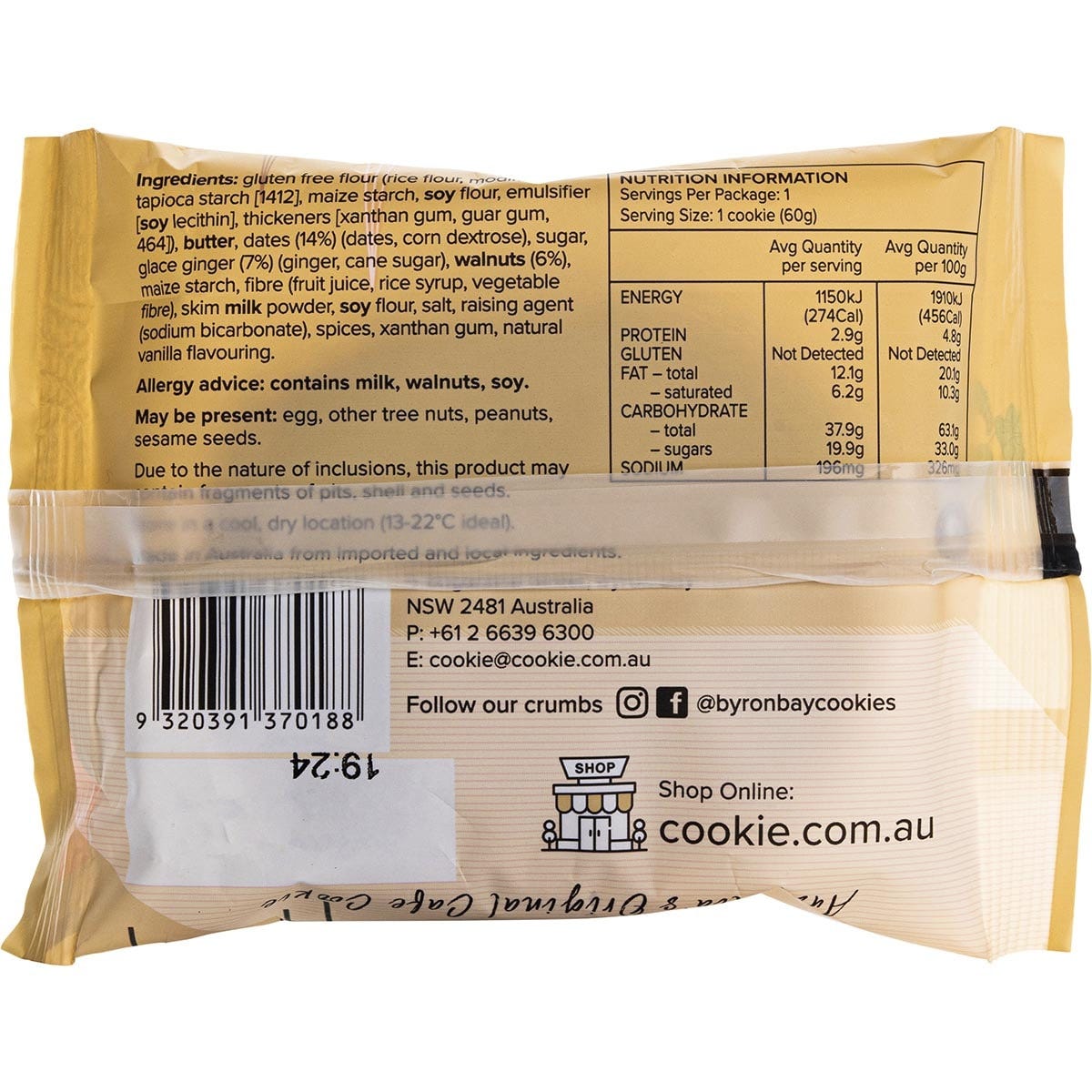 Byron Bay Gluten Free Sticky Date and Ginger 60g cookie in a white and gold wrapper on a white background.