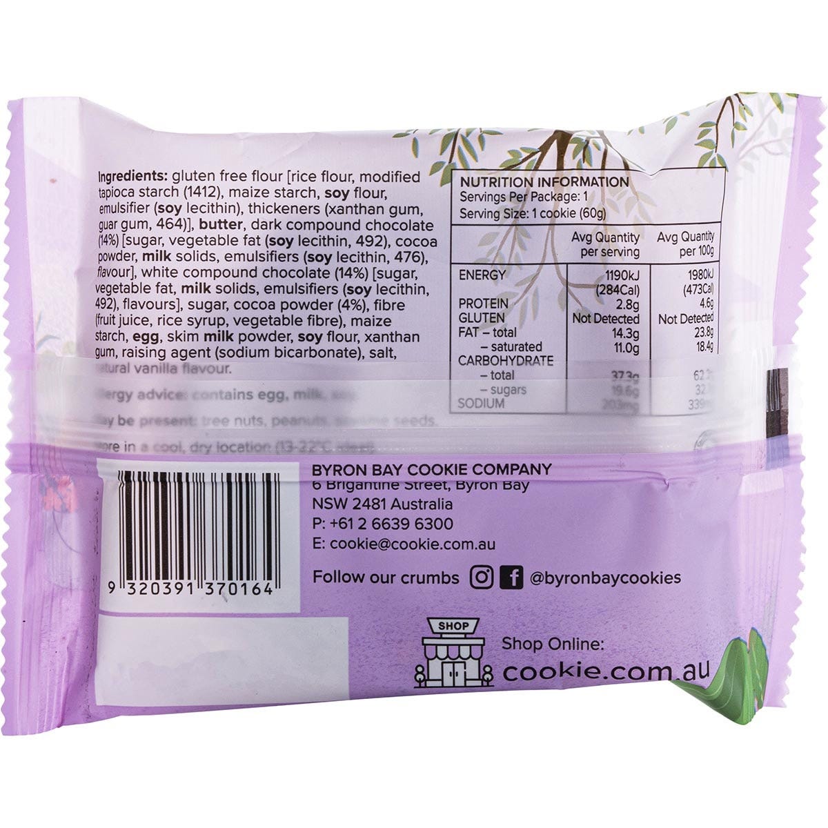 Byron Bay Cookies Gluten Free Cookies Triple Choc Fudge 60g (Pack of 12) Payless 4 Organics