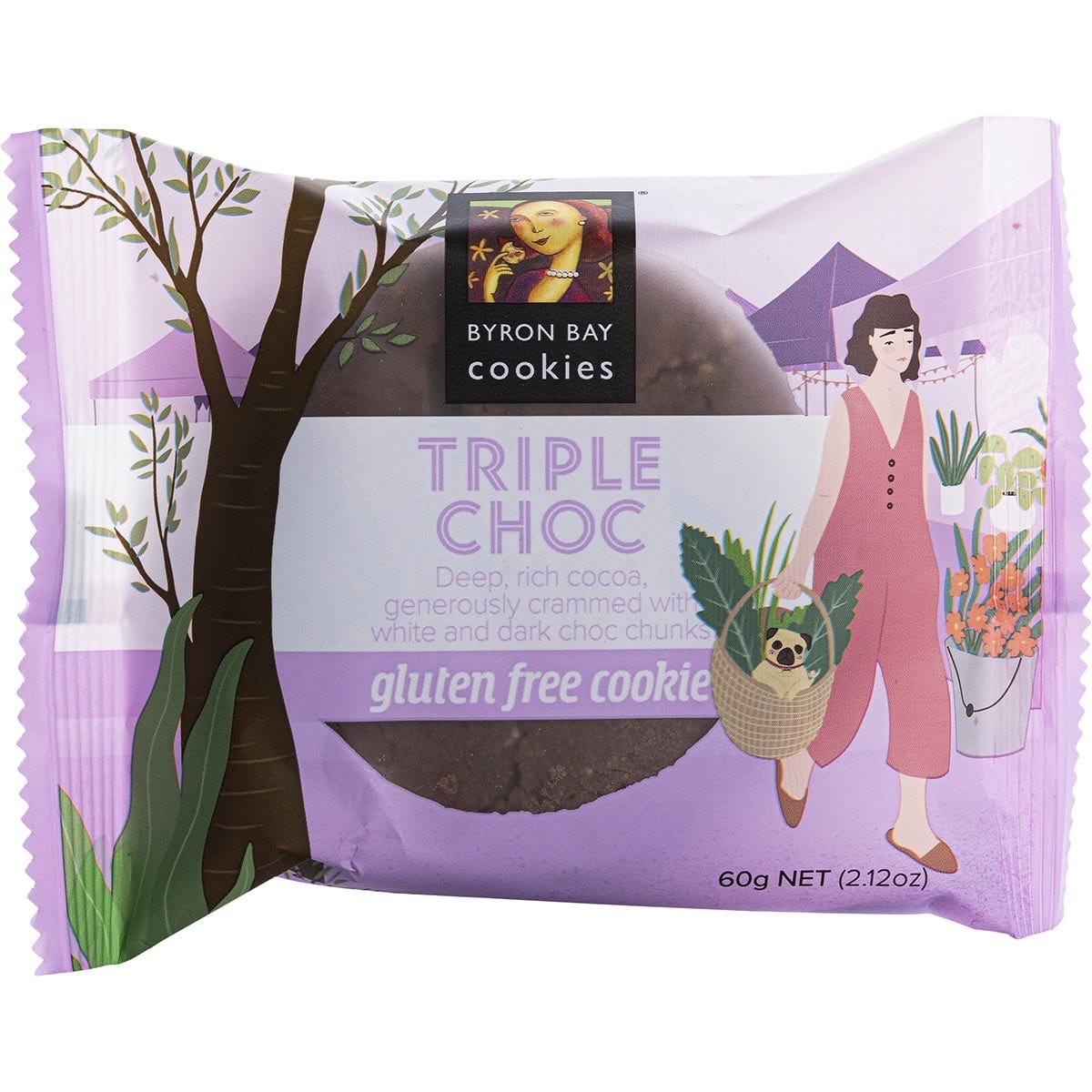 Wrapped 60g Byron Bay Gluten Free Triple Choc Fudge Cookie in a brown and blue wrapper on a white background.