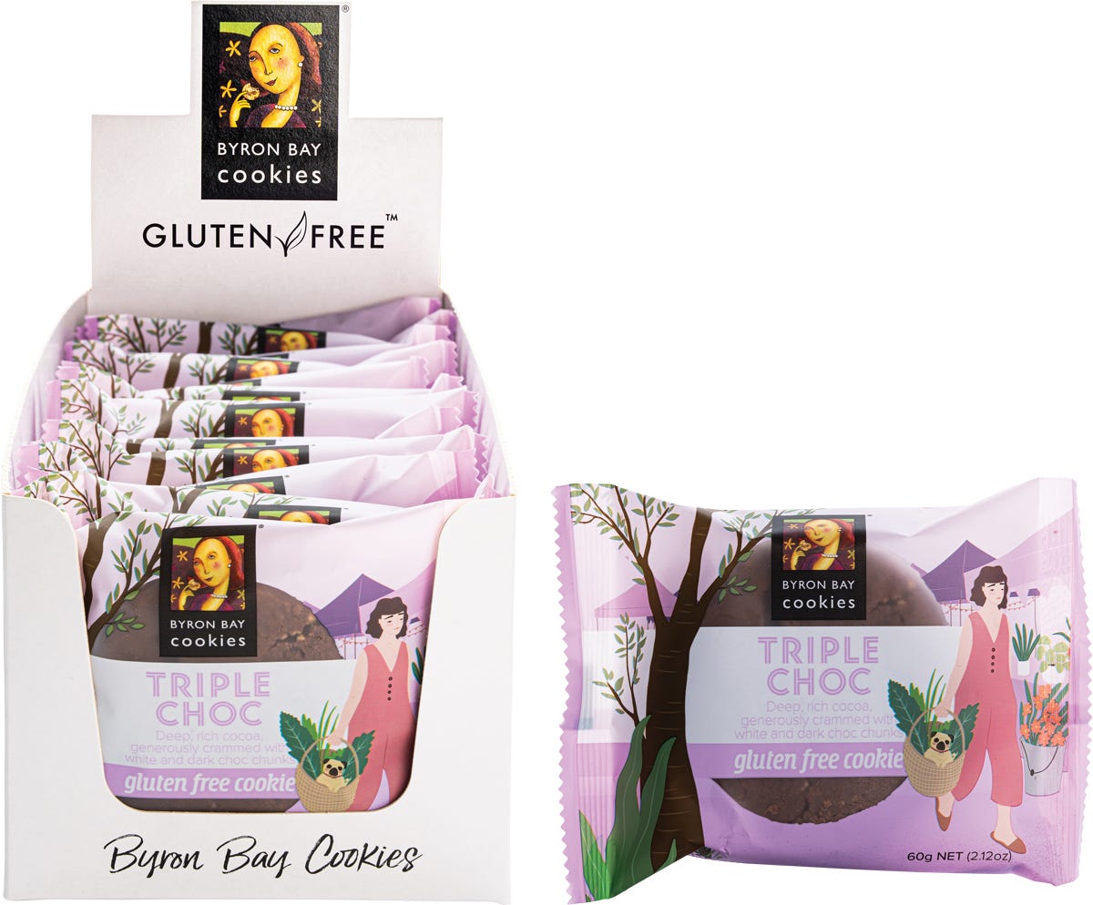 12-pack box of Byron Bay Gluten Free Triple Choc Fudge Cookies with dark and white chocolate chunks on a white background.