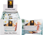 Box of 12 individually wrapped Byron Bay Gluten Free White Choc Macadamia cookies with botanical illustrations.