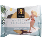 Individually wrapped 60g Byron Bay Gluten Free White Choc Macadamia cookie on a white background.
