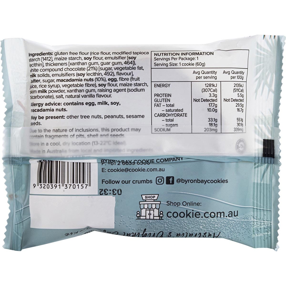 Individually wrapped 60g Byron Bay Gluten Free White Choc Macadamia cookie with botanical illustrations.