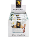 Back of a Byron Bay Gluten Free White Choc Macadamia cookie box showing nutrition facts and ingredients.
