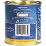 Side view of 100g Byron Chai Indian Spiced Tea canister showing brewing directions and nutritional facts.