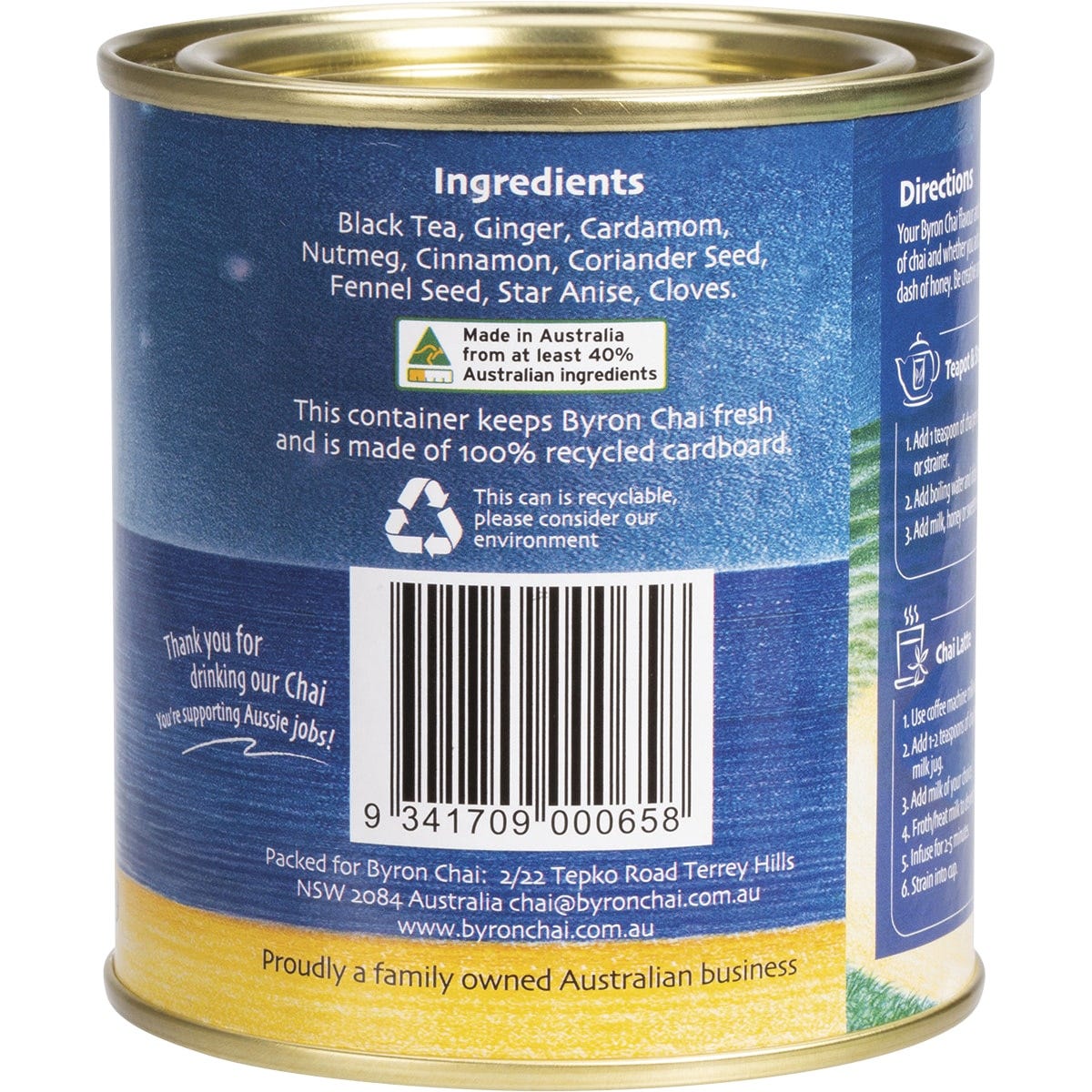 Side view of 100g Byron Chai Indian Spiced Tea canister showing brewing directions and nutritional facts.