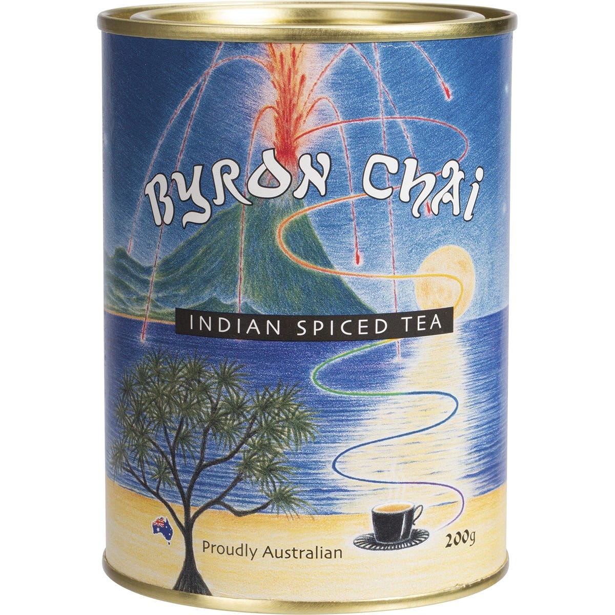 200g bag of Byron Chai Indian Spiced Tea featuring a golden label with traditional patterns and spice illustrations.
