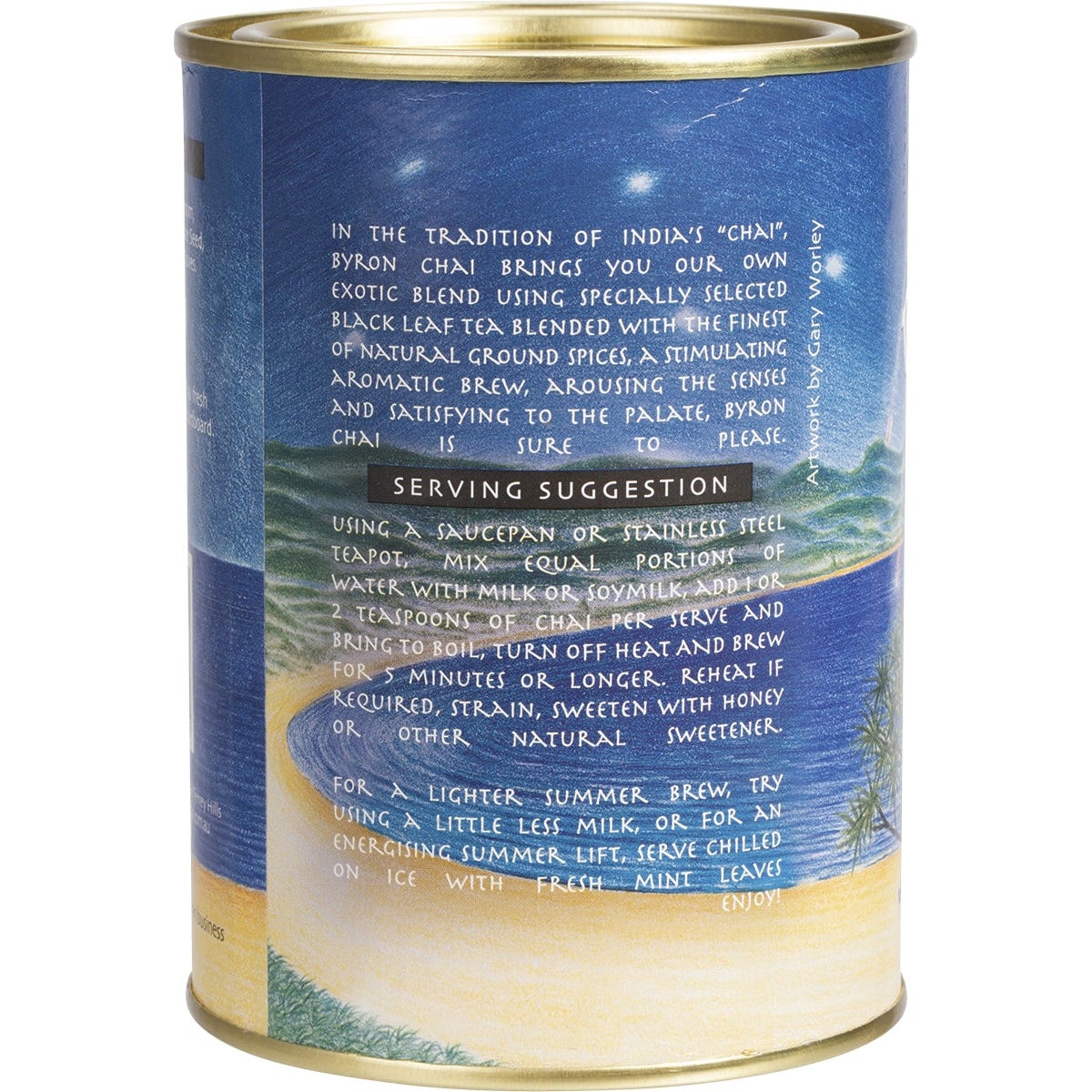 200g bag of Byron Chai Indian Spiced Tea with a gold label featuring spice illustrations and traditional patterns.