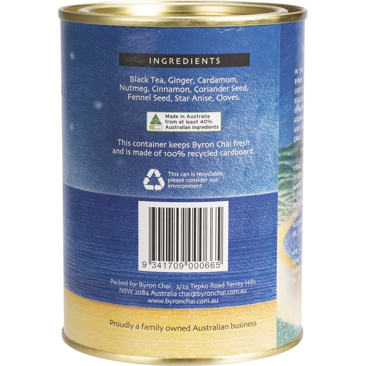 200g bag of Byron Chai Indian Spiced Tea with a gold label featuring spice illustrations on a white background.