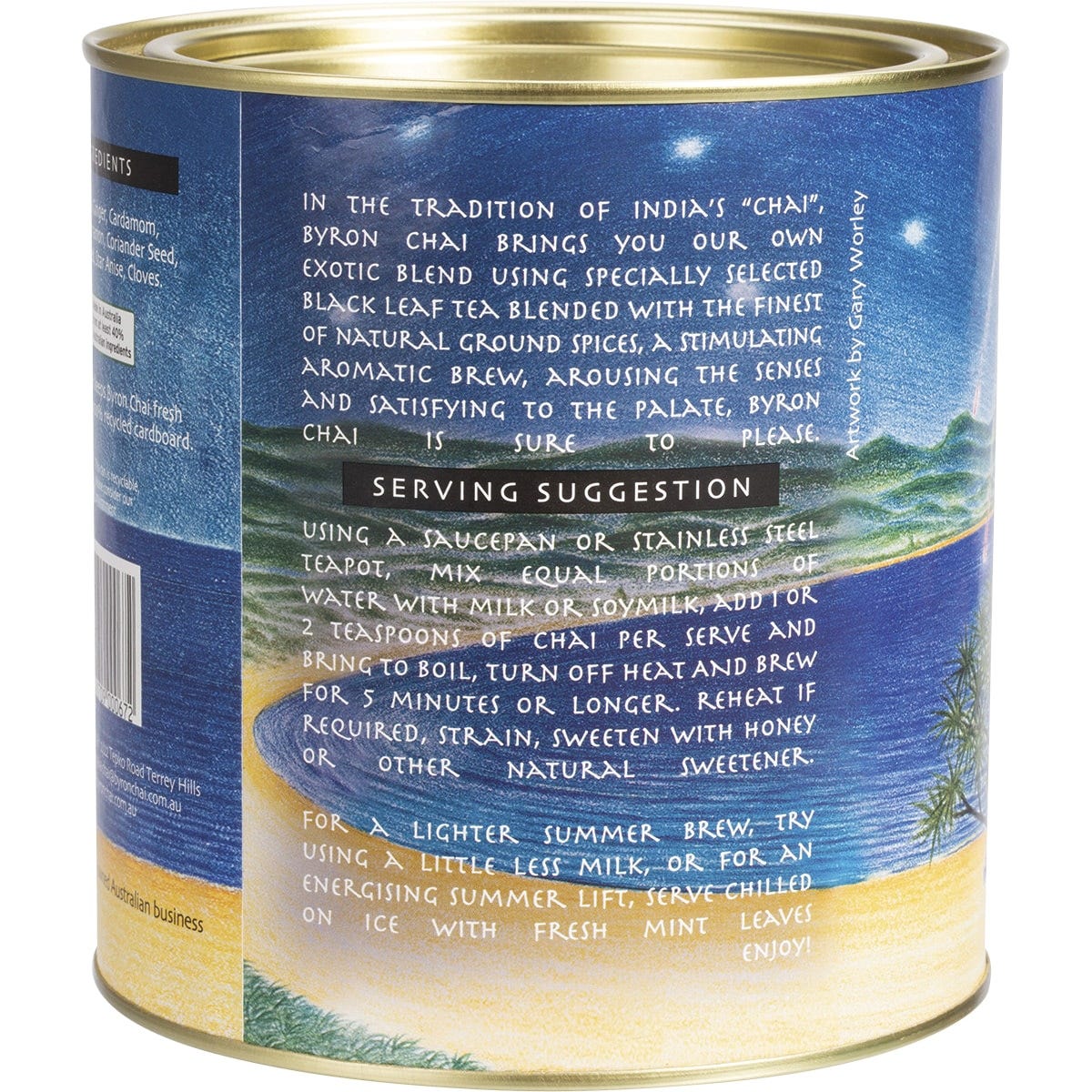 The back of a 500g Byron Chai Indian Spiced Tea bag showing ingredients and brewing instructions.