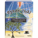 Byron Chai Indian Spiced Tea 25 pack box featuring aromatic spices and a traditional tea blend on a clean background.