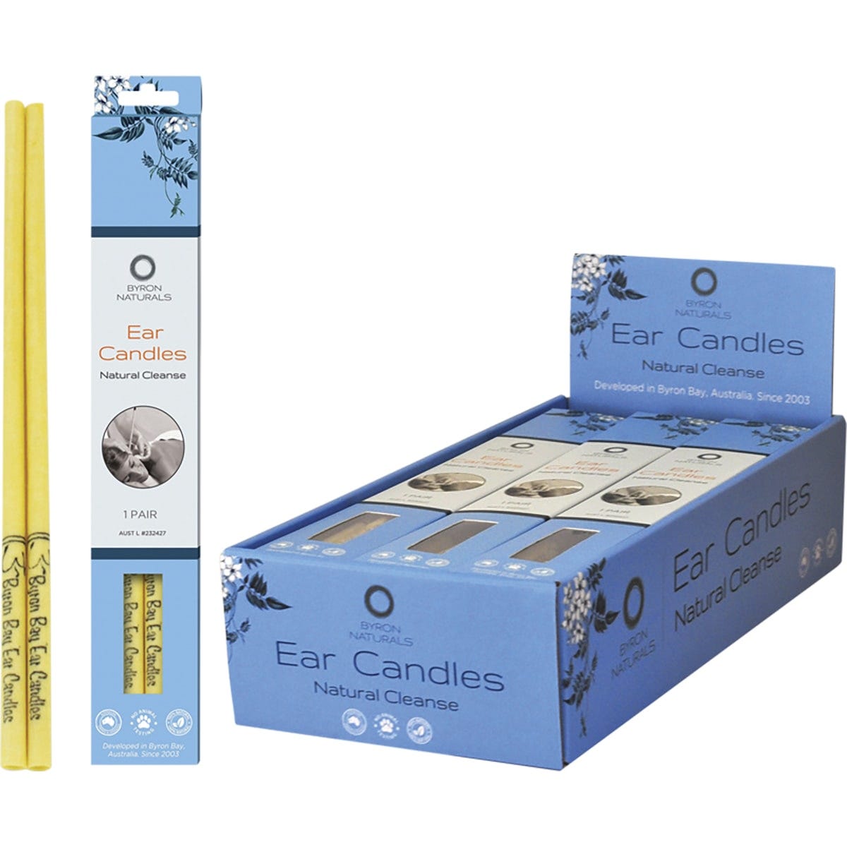 Byron Naturals 12-pack of ear candle 2-packs, featuring organic beeswax and muslin cotton on a white background.