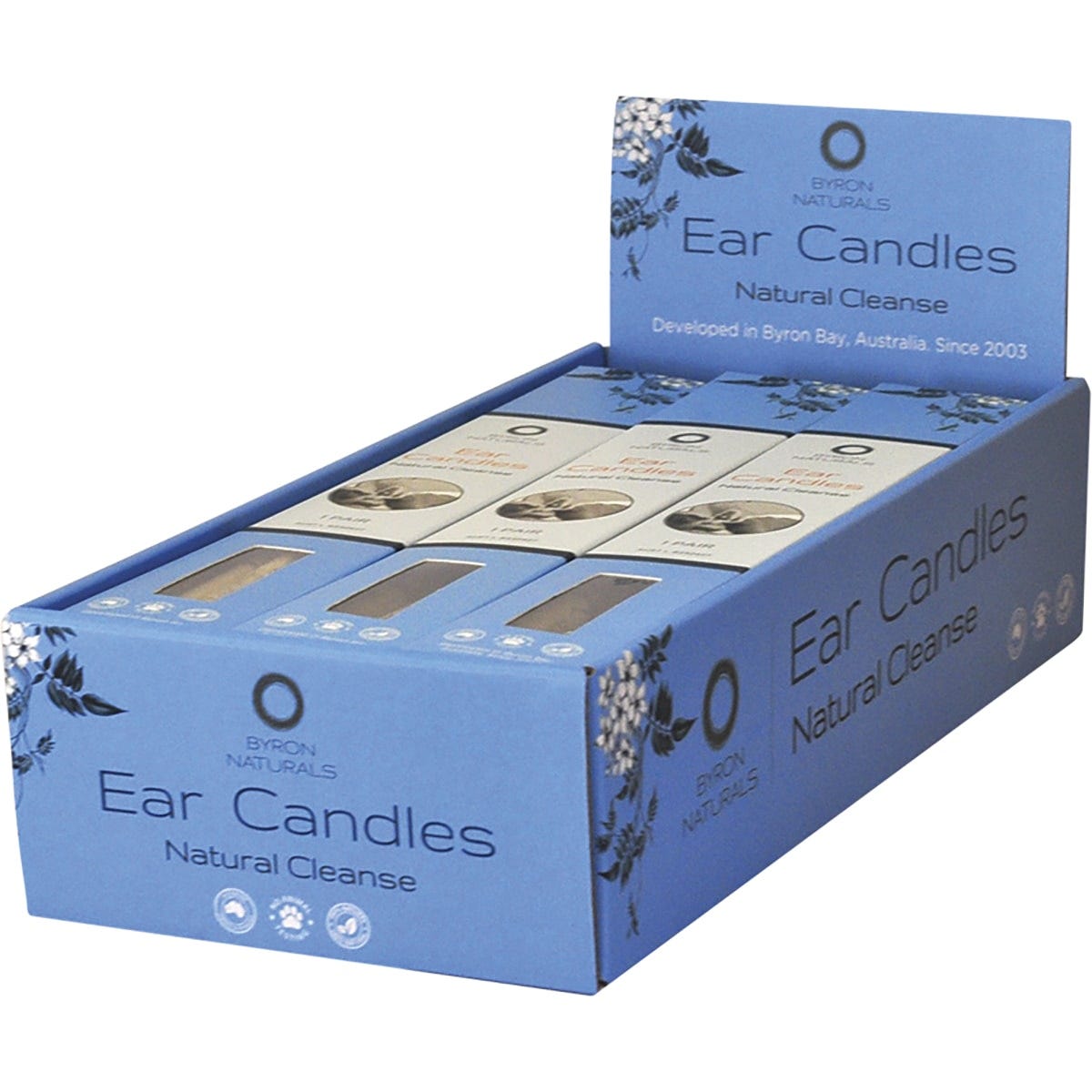 Two yellow Byron Naturals ear candles with a protective filter at the tip, shown on a plain white background.