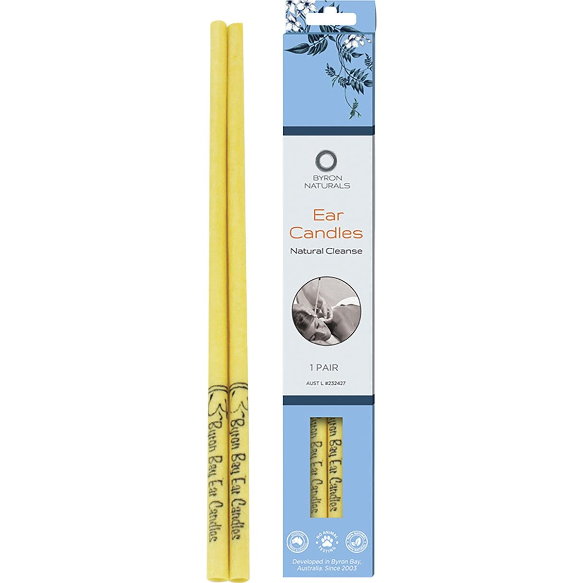 Byron Naturals 2-pack of organic beeswax ear candles in a clear plastic wrapper on a white background.