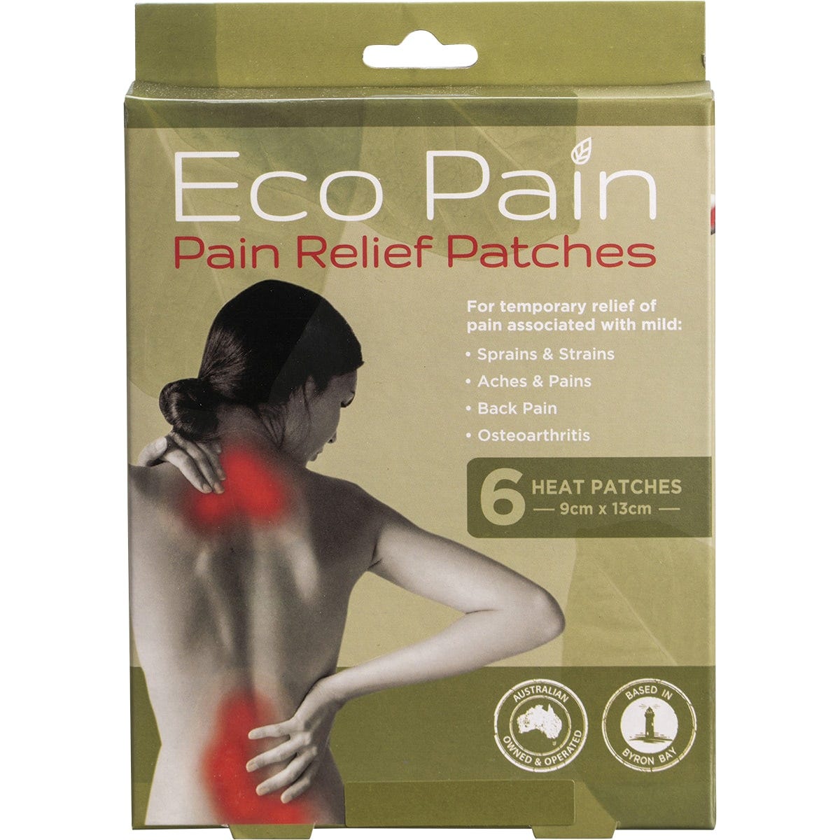 Byron Naturals Eco Pain Heat Patches 6 pack box featuring a white and green design with a circular heat map illustration.