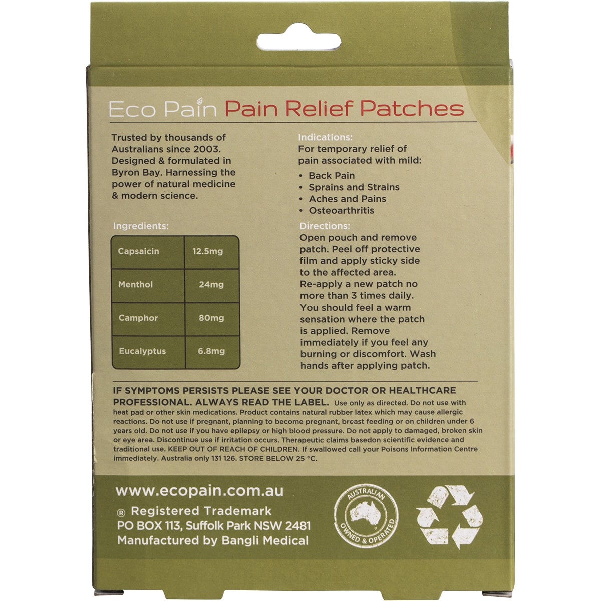 Byron Naturals Eco Pain Heat Patches 6 pack box with green and white design and heat map graphic.
