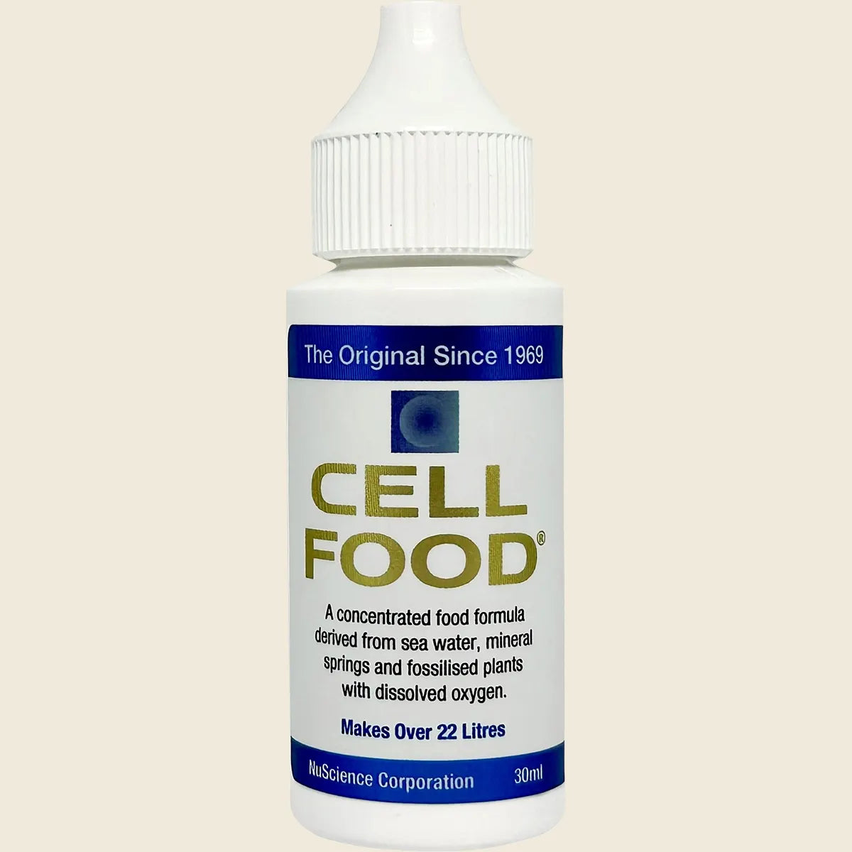 30ml bottle and box of Cellfood Liquid Food Formula, a dietary supplement for oxygen and nutrient support.