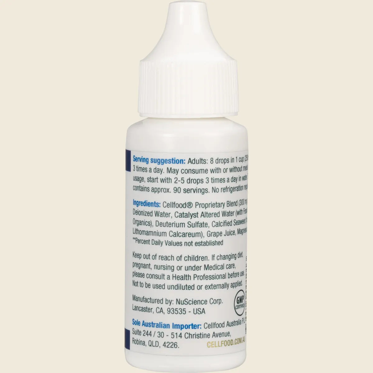 Side view of a 30ml Cellfood Liquid Food Formula bottle and box showing directions, ingredients, and a barcode.