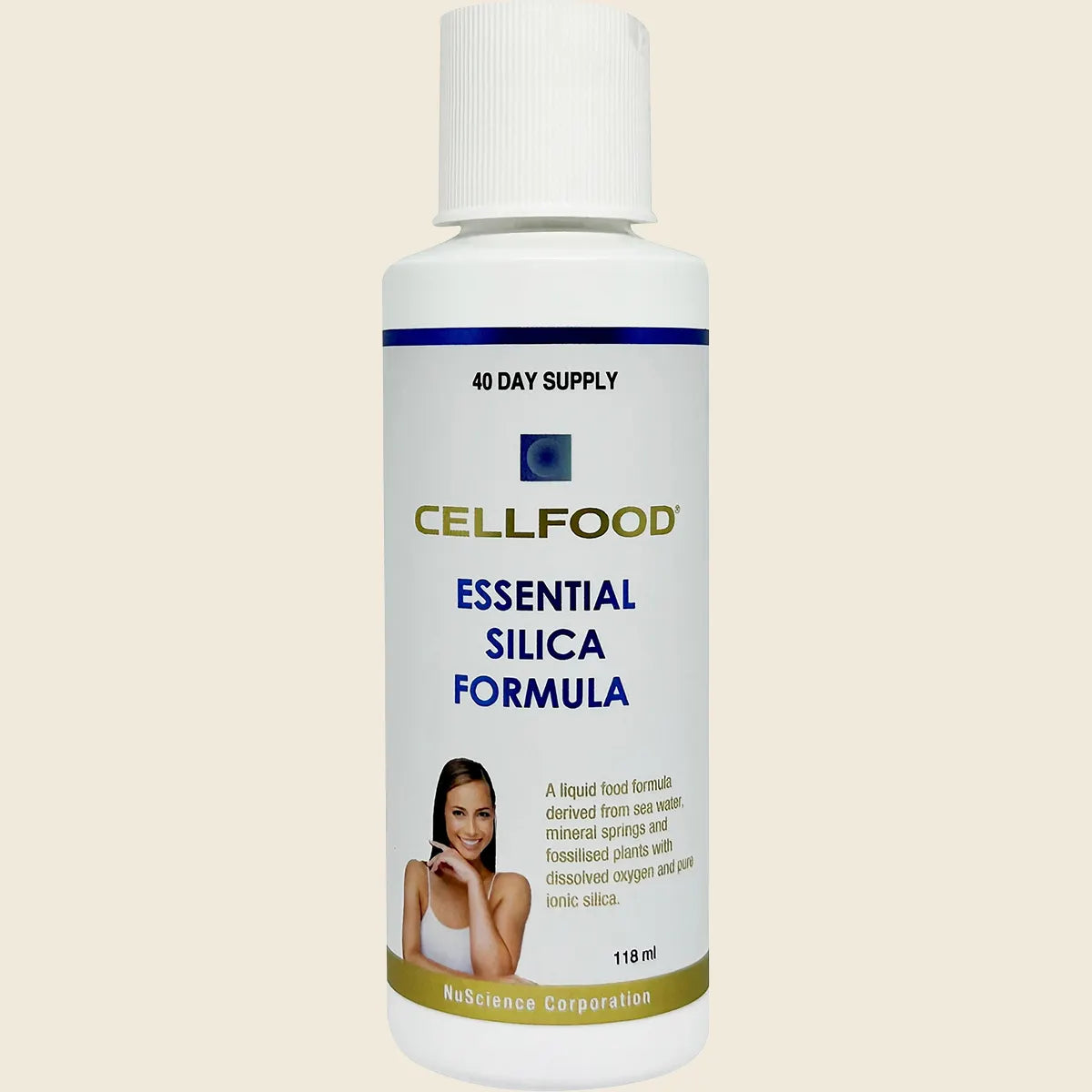 Cellfood Essential Silica Formula 118ml liquid supplement bottle with a white and blue label.