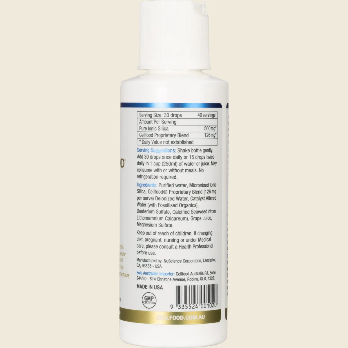 Right side of a Cellfood Essential Silica Formula 118ml bottle showing nutrition facts and supplemental information.