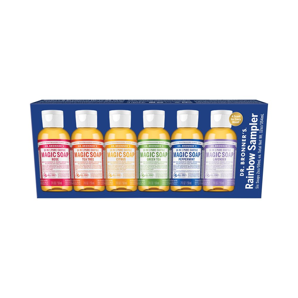 Dr. Bronner's Pure-Castile Soap Liquid (Hemp 18-in-1) Rainbow Sampler 59ml x 6 Pack