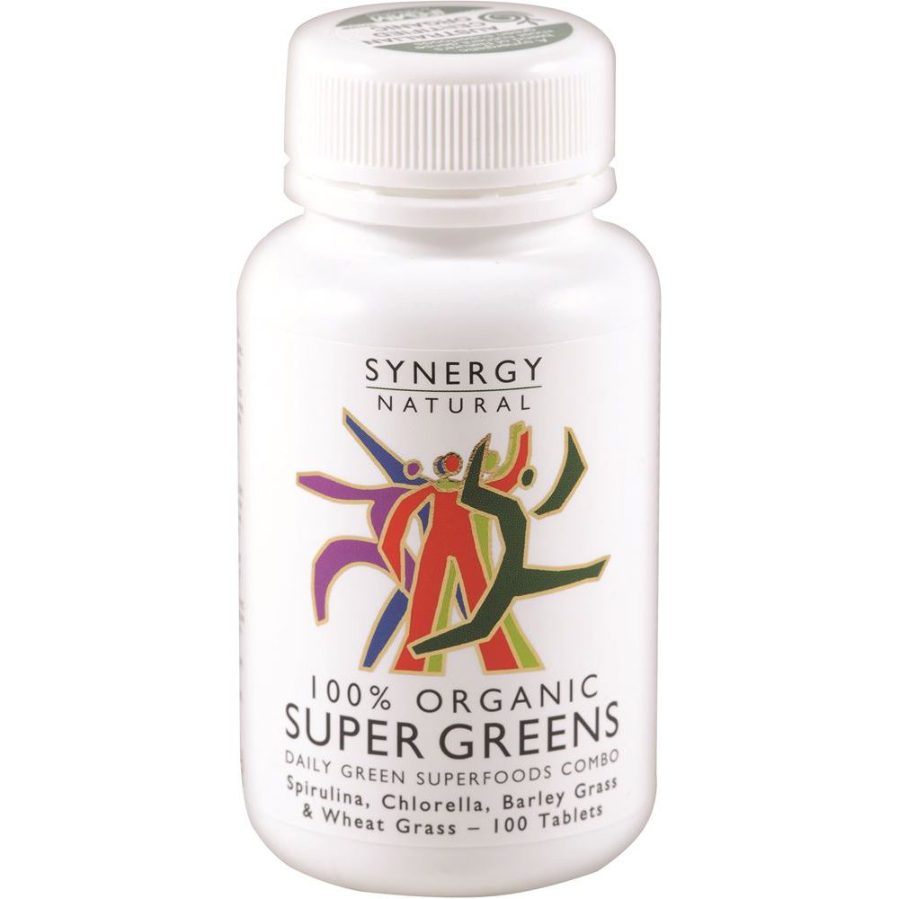 Synergy Natural Organic Super Greens (Spirulina Chlorella Barley Grass & Wheat Grass) 100 Tablets