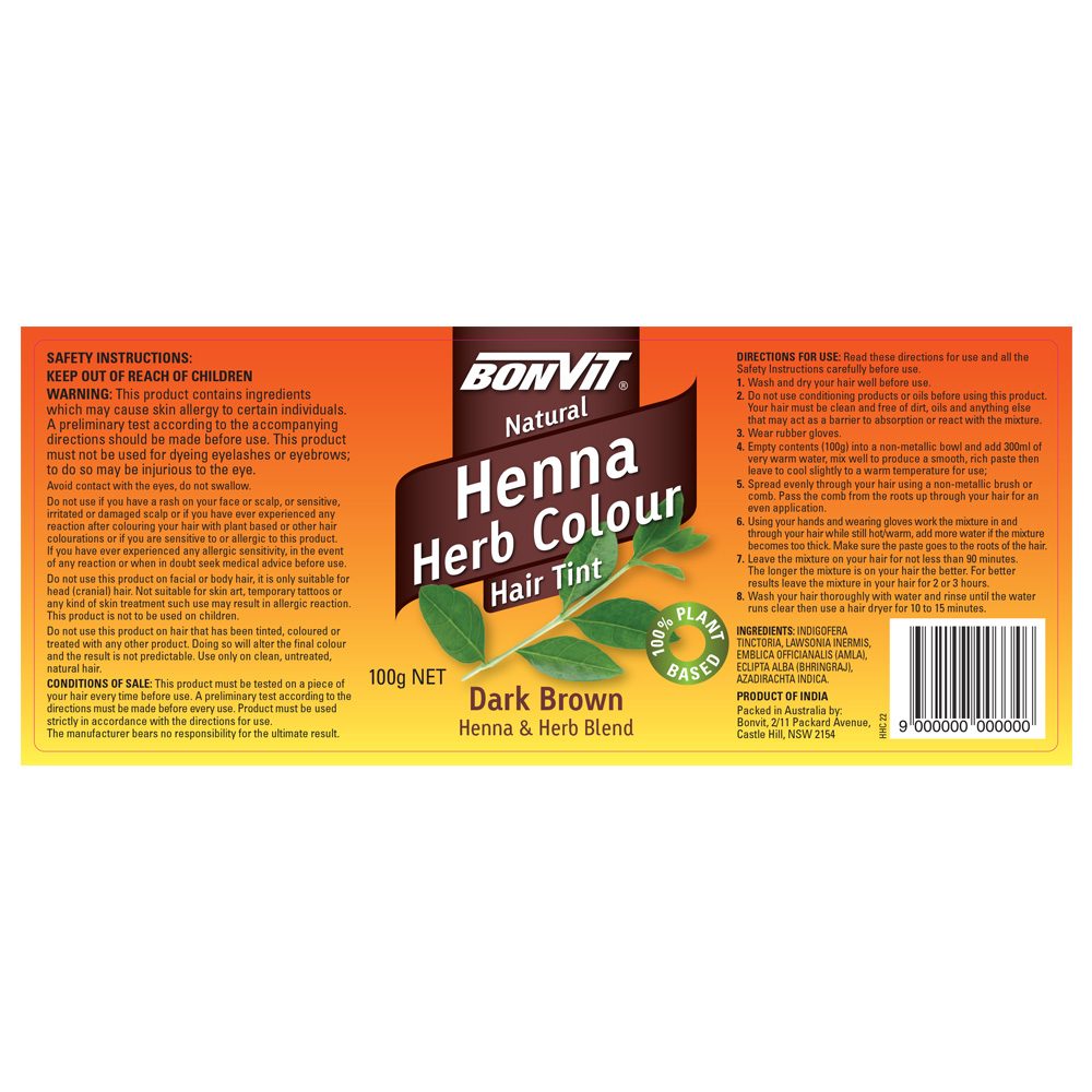 Bonvit Natural Hair Tint Henna Herb Colour (Henna & Herb Blend) Dark Brown 100g