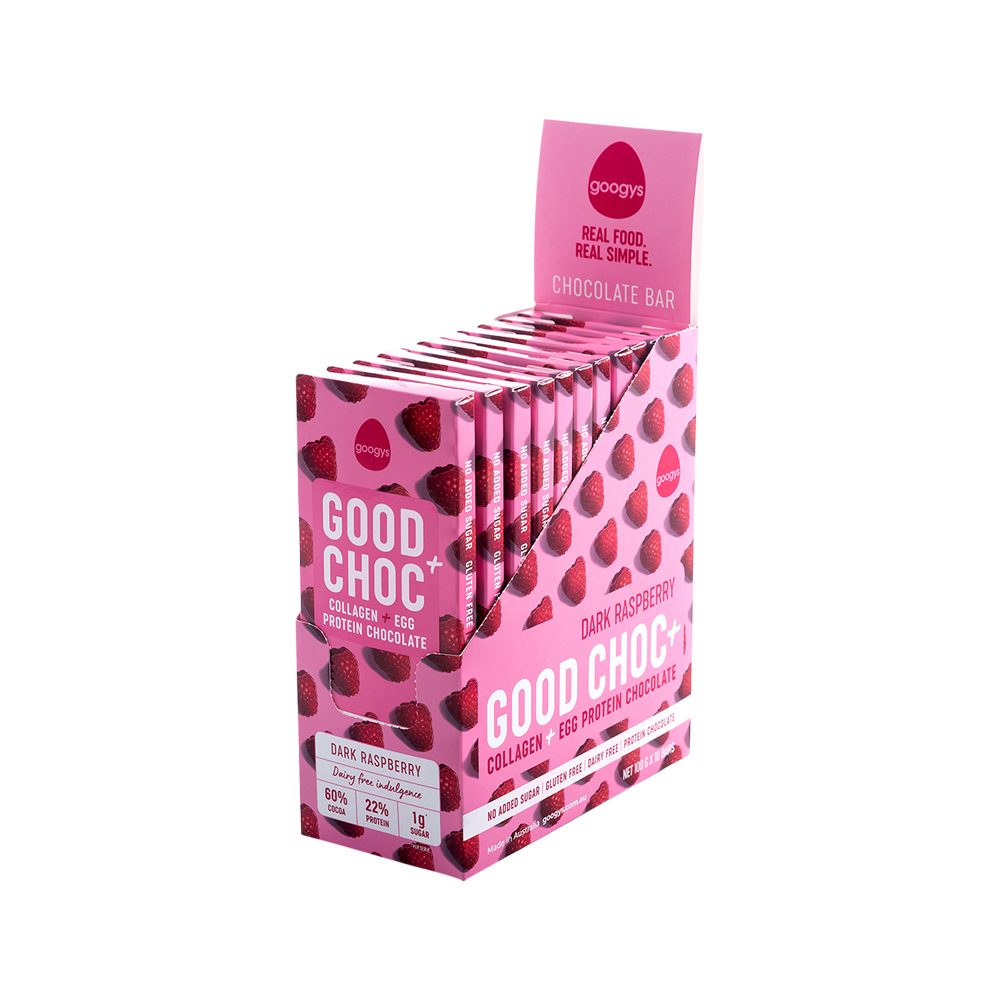 Googys Good Choc+ (Collagen + Egg Protein Chocolate) Dark Raspberry 100g x 10 Pack