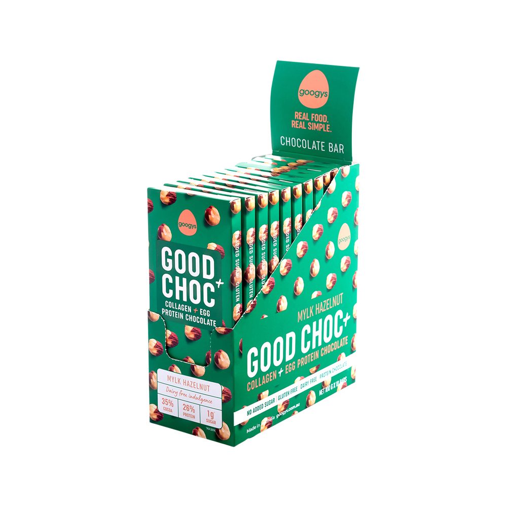 Googys Good Choc+ (Collagen + Egg Protein Chocolate) Mylk Hazelnut 100g x 10 Pack