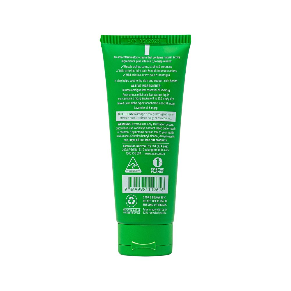 A green squeeze tube of herbal supplement powder shown from the back, featuring detailed product information, usage instructions, and a barcode on a plain white background.
