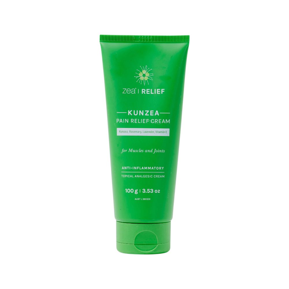 A green squeeze tube of Zecarilief Kunzea Pain Relief Cream, photographed against a solid white background.